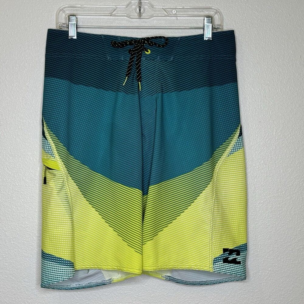 Billabong Platinum X Board Shorts Mens 30 Swim Surf Yellow Green Zip Pocket - Picture 1 of 9